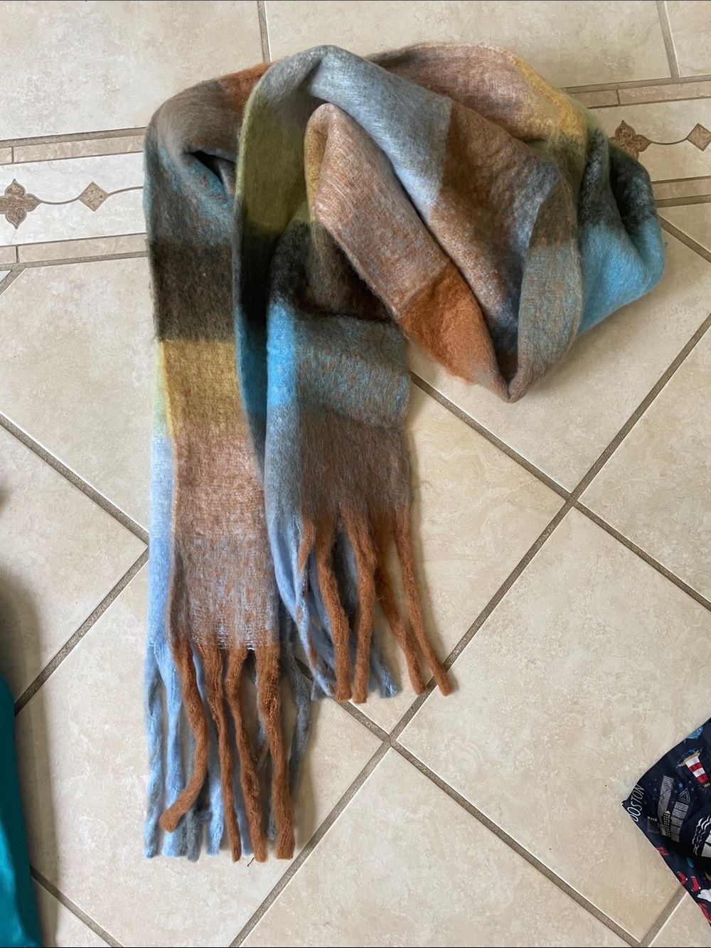 Cozy Multicolor Plaid Fringe Scarf - Blue, Brown, Tan